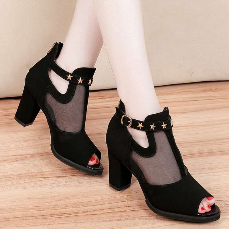 Mesh Strap Metal - Sandal Wanita Hak Tinggi Model Peep